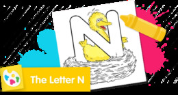 Sesame Street Letter N coloring page featuring Big Bird in his nest.