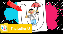 Sesame Street Letter U coloring page featuring Bert with an umbrella.