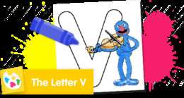 Sesame Street Letter V coloring page featuring Grover with a violin.