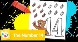 Sesame Street Number 14 coloring page featuring Baby Bear counting bugs.