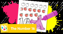 Sesame Street Number 16 coloring page with Telly counting apples.