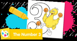 Sesame Street Number 3 coloring page featuring Big Bird dribbling basketballs.