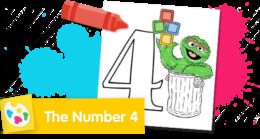 Sesame Street Number 4 coloring page with Oscar holding blocks.