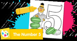 Sesame Street Number 5 coloring page with Bert and watermelons.