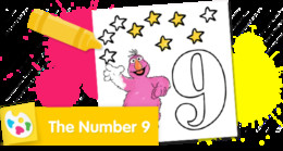 Sesame Street Number 9 coloring page with Telly counting stars.
