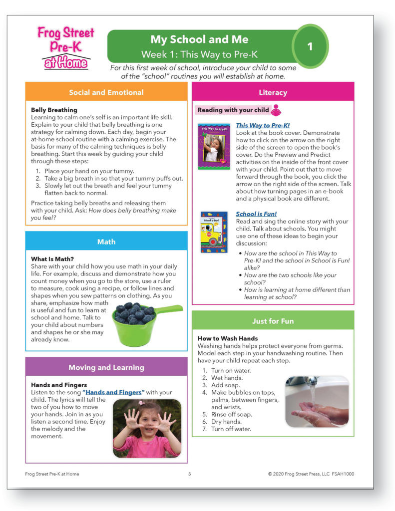 Sample daily activity cards from Frog Street Pre-K at Home, illustrating the five learning domains: Social and Emotional, Math, Moving and Learning, and Literacy.