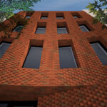 Architectural rendering of the facade of 76 North 8th Street, a new residential building in Brooklyn designed by Pliskin Architecture, showcasing its unique brickwork and large windows on North 8th Street in Williamsburg, Brooklyn.