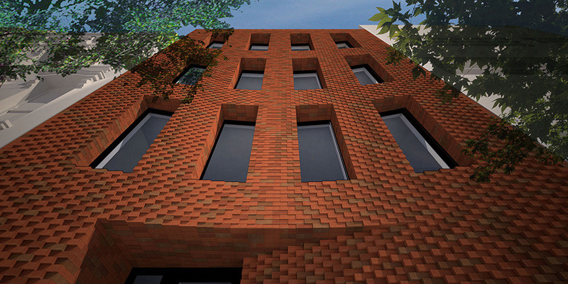 Architectural rendering of the facade of 76 North 8th Street, a new residential building in Brooklyn designed by Pliskin Architecture, showcasing its unique brickwork and large windows on North 8th Street in Williamsburg, Brooklyn.