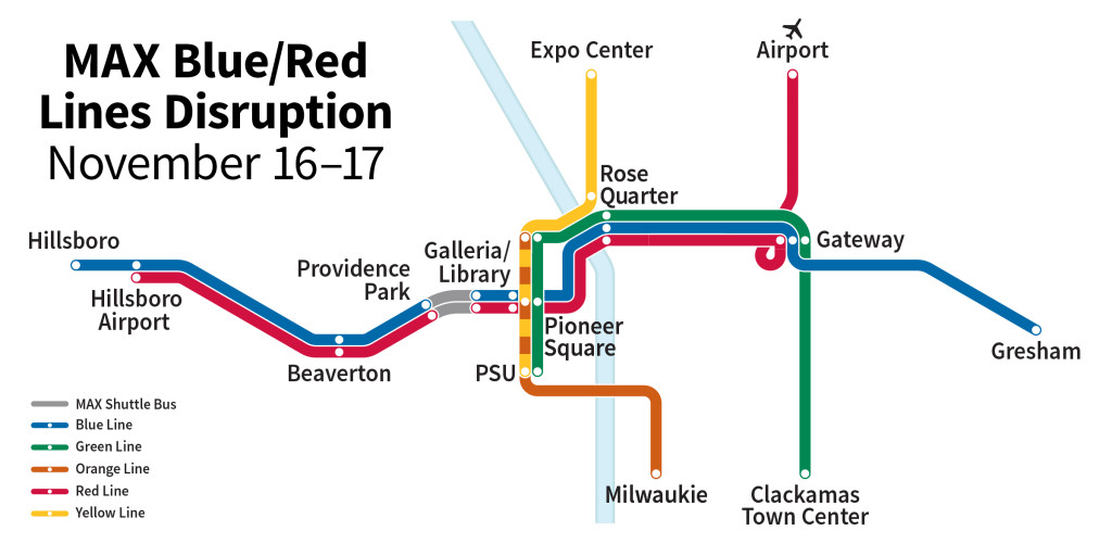 MAX System Map showing the service disruption area near Providence Park and Southwest Morrison Street in Portland, Oregon