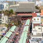 The iconic Kaminarimon Gate marks the traditional entrance to Nakamise-dori street in Asakusa, Tokyo.