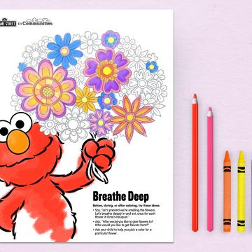 Elmo from Sesame Street encourages quiet time with a 'Breathe Deep' coloring page for children's relaxation and bonding.