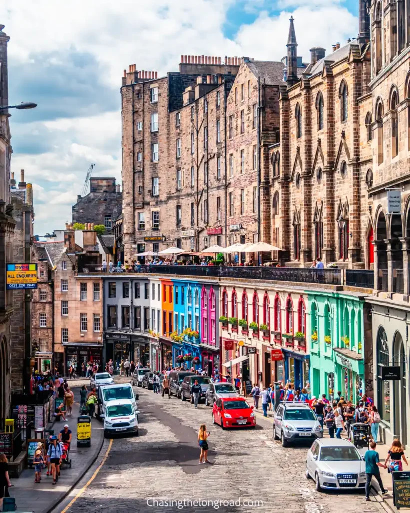 The iconic curve of Victoria Street in Edinburgh, showcasing its colourful buildings and charming atmosphere