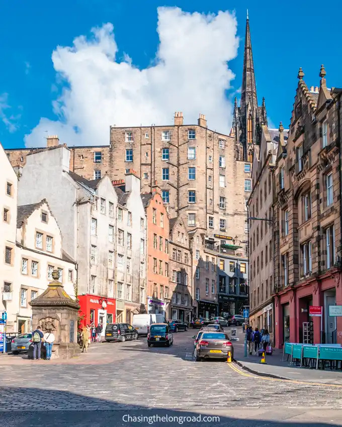 A historical view of Grassmarket in Edinburgh, showcasing its traditional architecture and open space