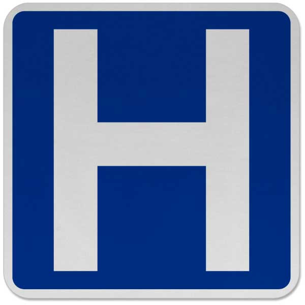 Blue street sign with a white symbol of a bed, indicating lodging services are available.