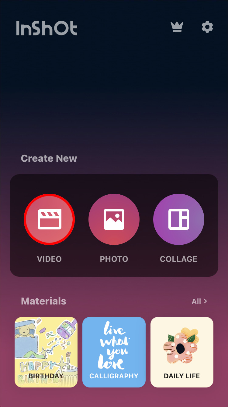 Launching InShot and selecting the video option